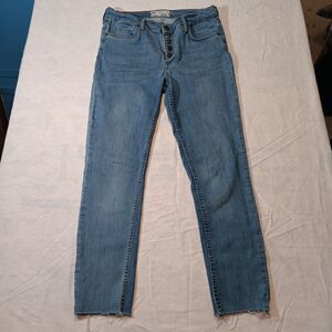 Free People Women’s Jeans 30 Straight Leg Blue Button Fly Raw Hem